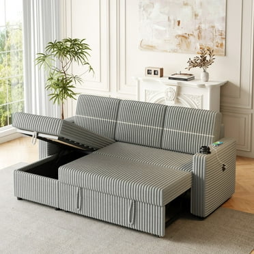 Corduroy Upholstered Reversible Sleeper Sectional Sofa with Pull Out Bed and Convertible Storage Chaise Lounge , 3 Seater Corner Couch Sofabed with 2 Cupholder and USB Charge Port for Living Room