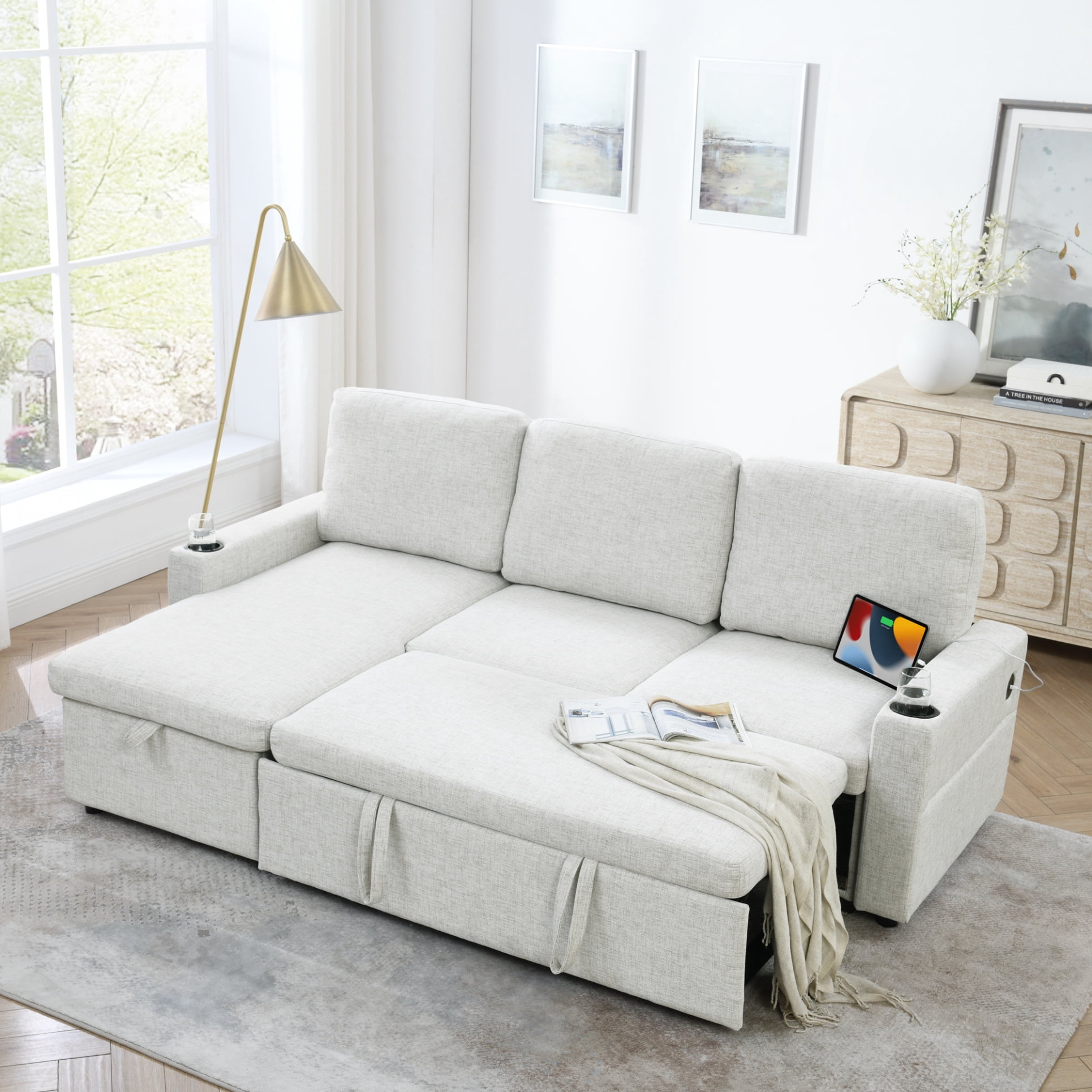 Corduroy Upholstered Sleeper Sectional Sofa with Storage Chaise, L ...