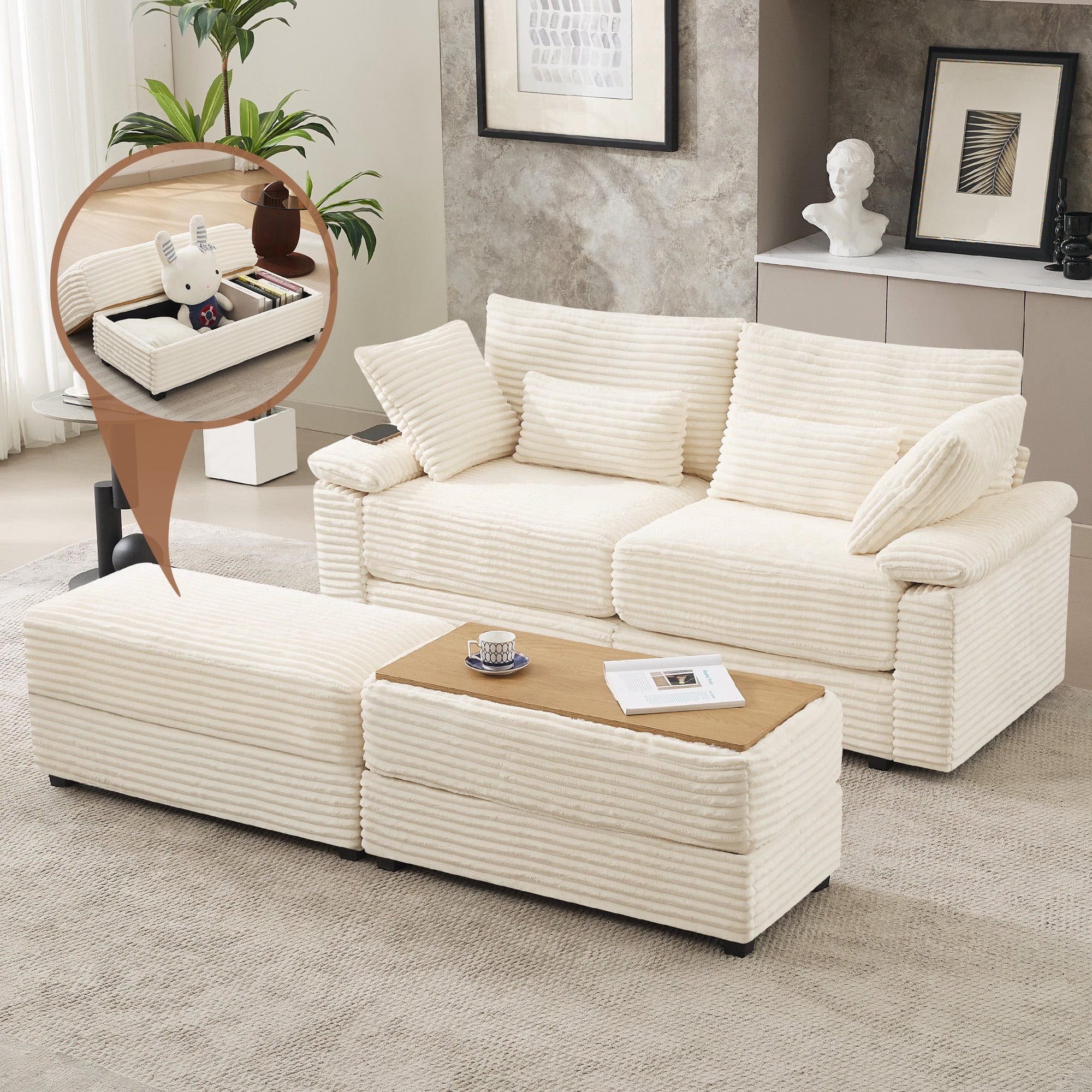 Corduroy Upholstered Sofa for Living Room,Modern Deep Seat Comfy Loveseat Couch with 2 Ottomans,Beige