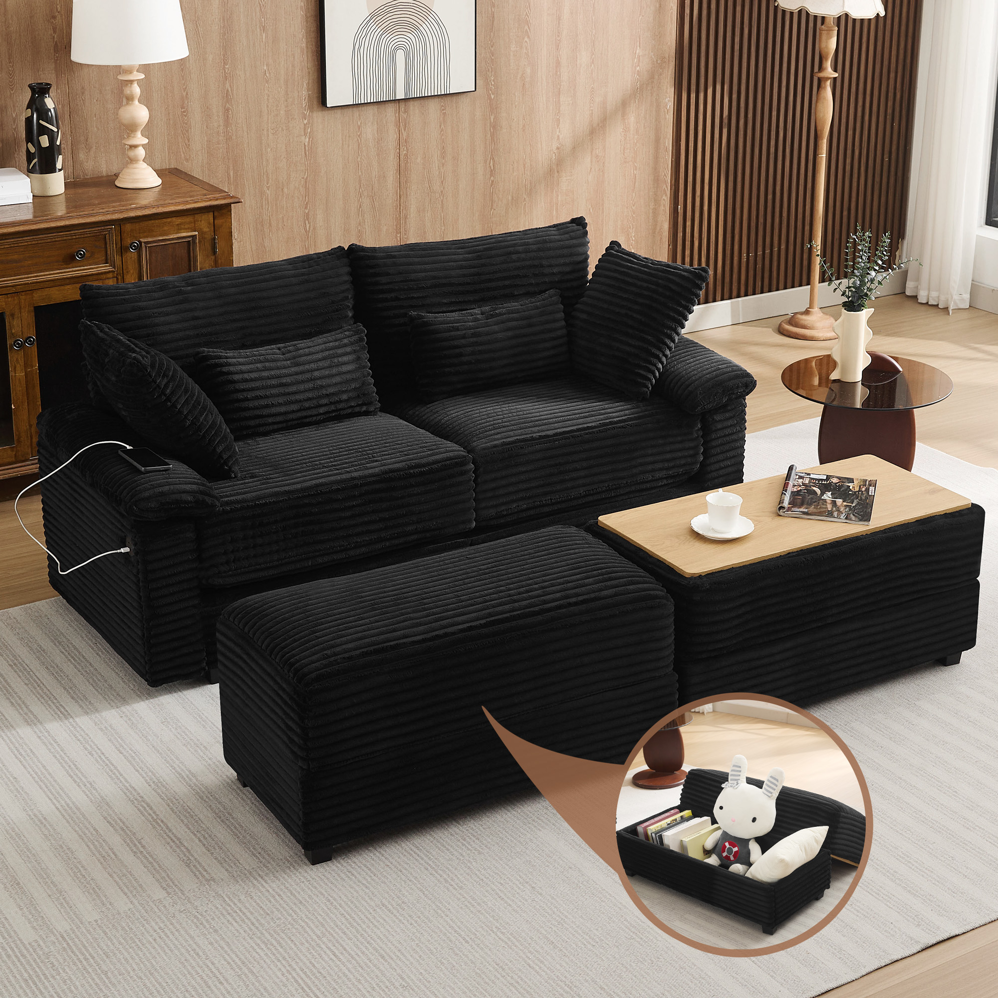Corduroy Upholstered Sofa for Living Room,Modern Deep Seat Comfy Loveseat Couch with 2 Ottomans,Black