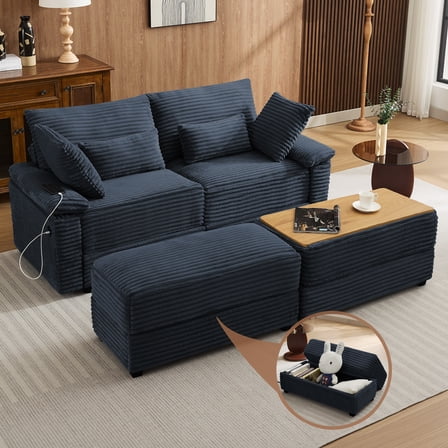 Corduroy Upholstered Sofa for Living Room,Modern Deep Seat Comfy Loveseat Couch with 2 Ottomans,Blue