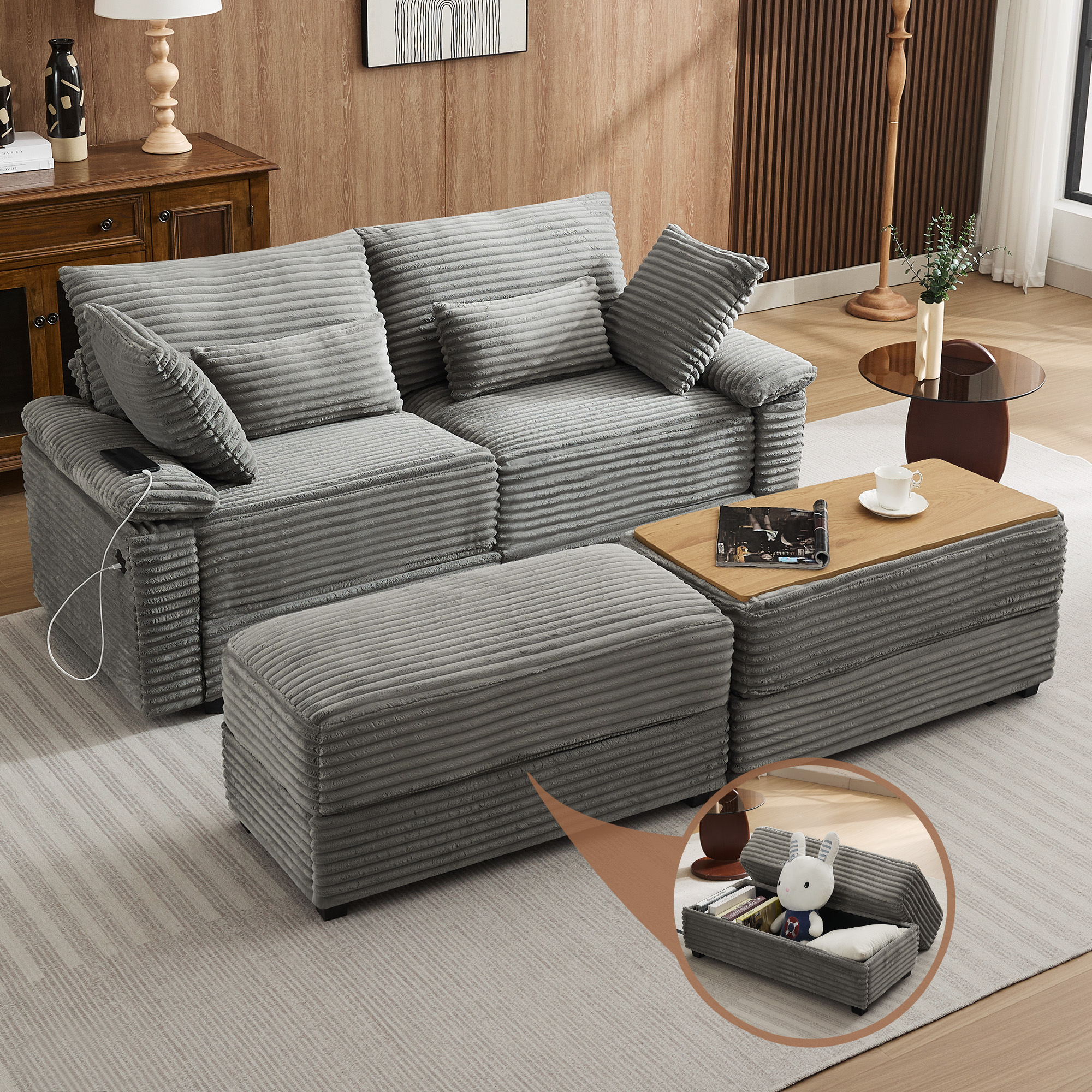 Corduroy Upholstered Sofa for Living Room,Modern Deep Seat Comfy Loveseat Couch with 2 Ottomans,Gray