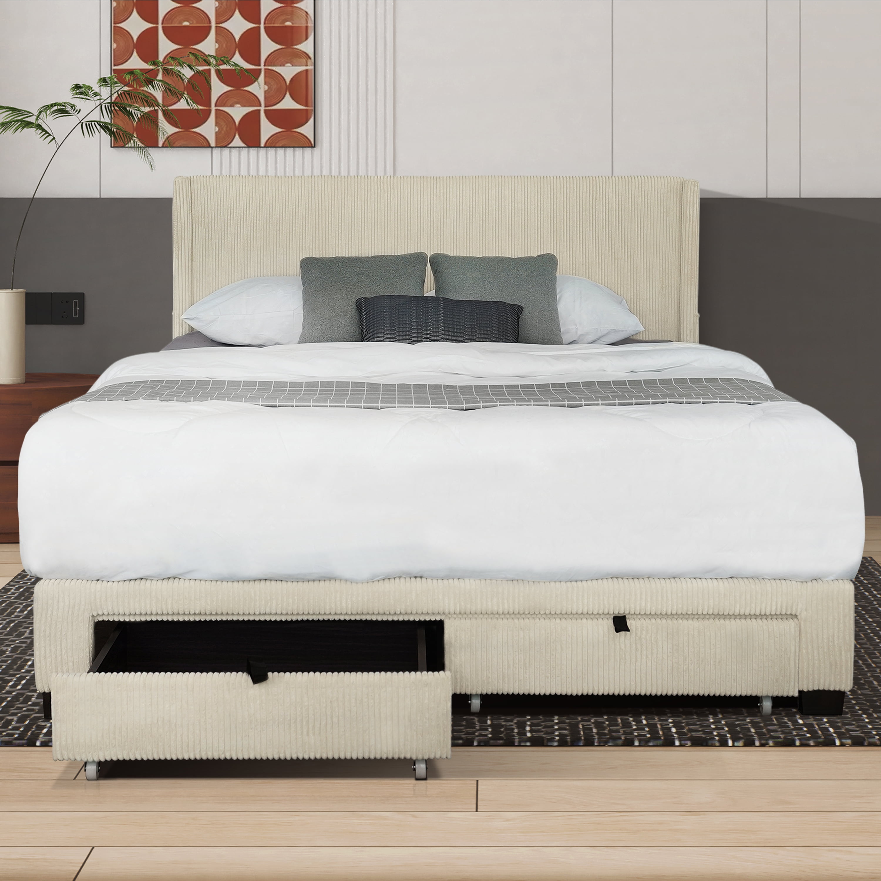 Corduroy Velvet Queen Footboard Drawer Storage Upholstered Wingback Bed