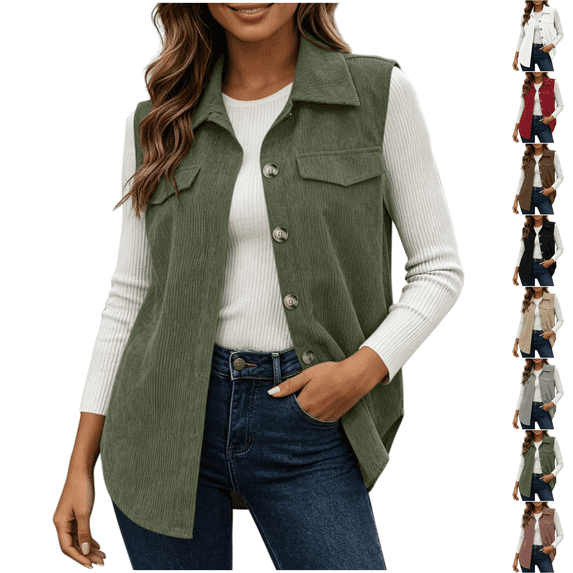 Corduroy Vest Women Button Up Fall Winter Sleeveless Jacket Classic Comfortable Layering Wasitcoat