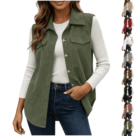 Corduroy Vest Women Fall Winter Sleeveless Button Up Jacket Plus Size Comfortable Layering Wasitcoat Jacket with Pockets