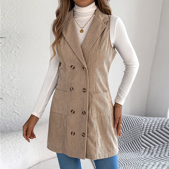 Corduroy Vests for Women Button down Sleeveless Jacket Fall Winter Lapel Casual Outerwear Long Tunic Fashion Coat New Oversized Vests for Women Fall Khaki XL