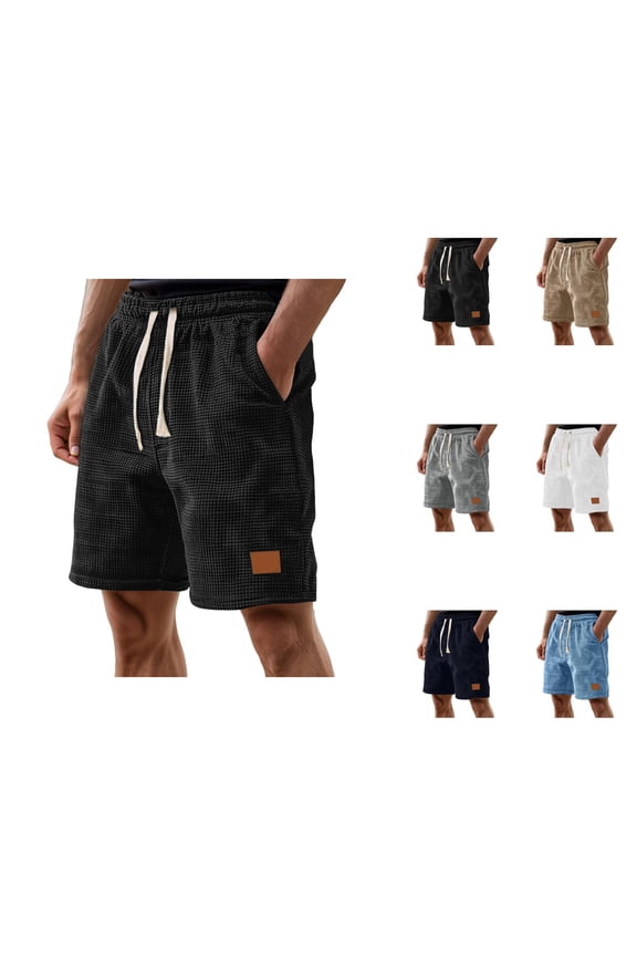 Corduroy Waffle Shorts for Men Summer Casual Elastic Waist Wide Straight Leg Relaxed Fit Bermuda Shorts with Pockets
