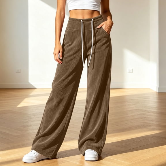 Corduroy Wide Leg Pants Women High Waist Drawstring Loose Casual Soft Daily Long Trousers with Side Pockets Brown S