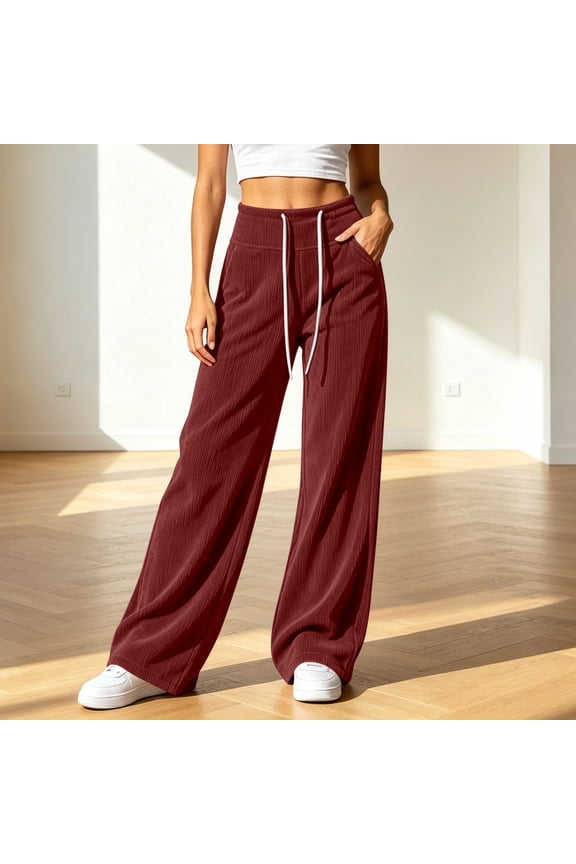 Corduroy Wide Leg Pants Women High Waist Drawstring Loose Casual Soft Daily Long Trousers with Side Pockets Wine S