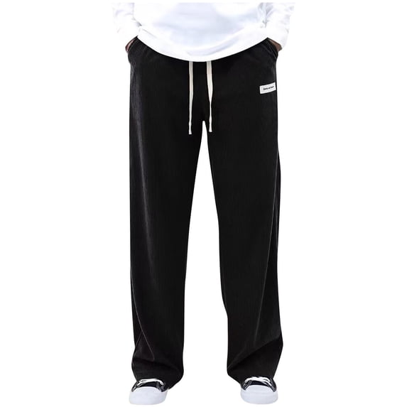 Corduroy Wide Leg Pants for Men Drawstring Waist Baggy Sweatpants Casual Fall Outfits Black 3XL