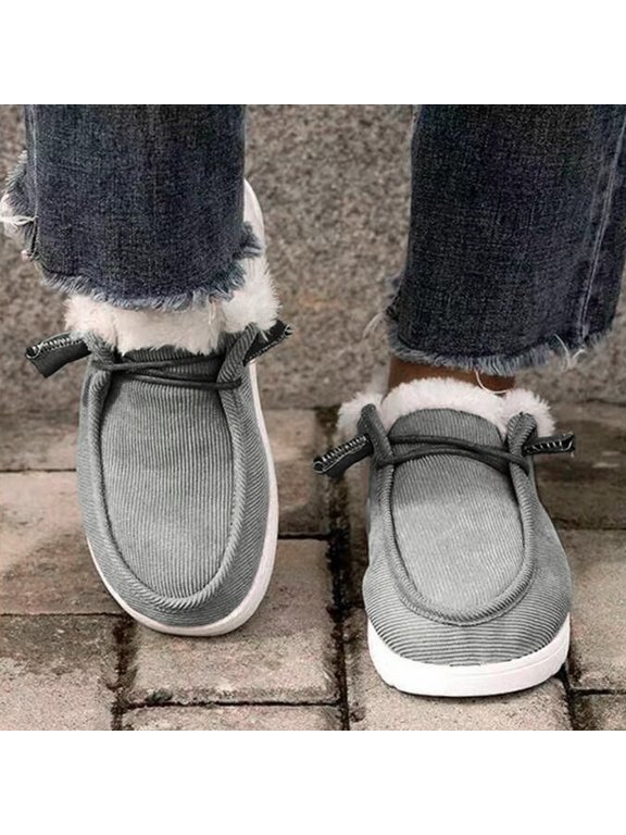 Corduroy Winter Loafers for Women Warm Fleece Lined Slip On Short Ankle Boots for Cold Weather