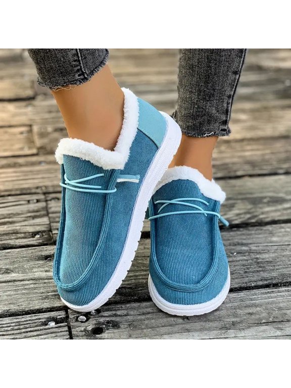 Corduroy Winter Loafers for Women Warm Fleece Lined Slip On Short Ankle Boots for Cold Weather