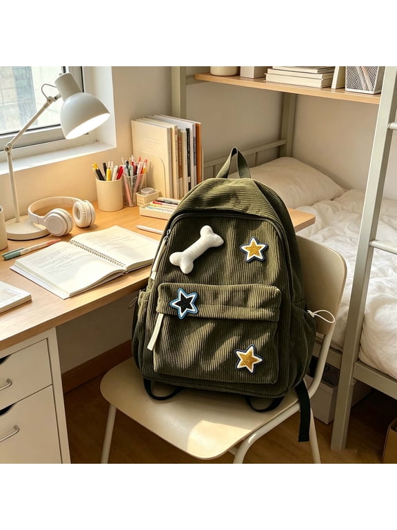 Corduroy Y2K Star Preppy Backpack, Cute Vintage Fashion Grunge Bookbag, Emo Laptop Daypack for Men Women Casual Bag