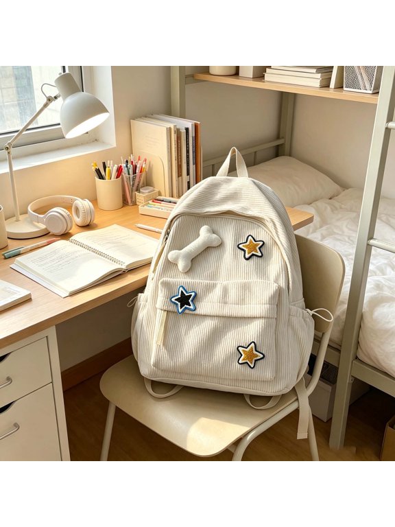 Corduroy Y2K Star Preppy Backpack, Cute Vintage Fashion Grunge Bookbag, Emo Laptop Daypack for Men Women Casual Bag
