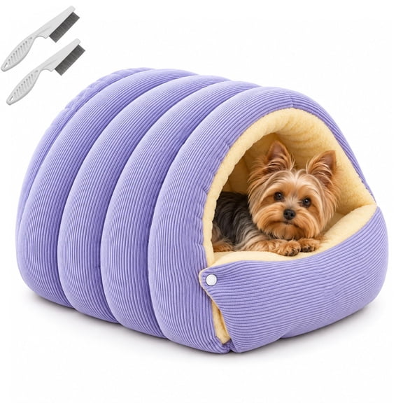 Corduroy Yorkie Cave Bed with Adjustable Front Flap, Cozy Plush Indoor Dog Cave Bed with Removable Washablr and Cushion, for Small Medium Dog Cats