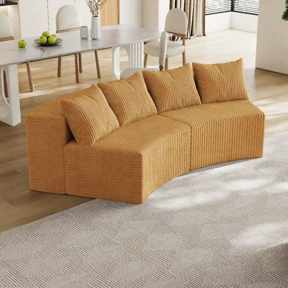 Corduroy curved sofa section for leisure. 4 pillows, no assembly. Soft fabric creates a cozy atmosphere.
