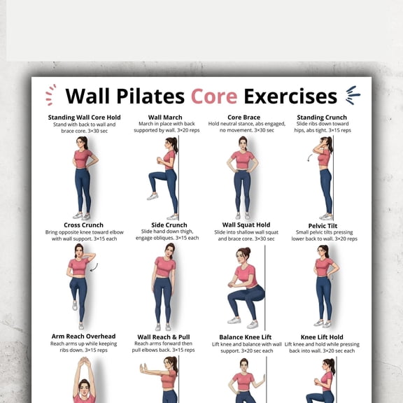 Core Abs Wall Pilates Standing Workout Poster, Home Abdominal Exercise Routine Chart