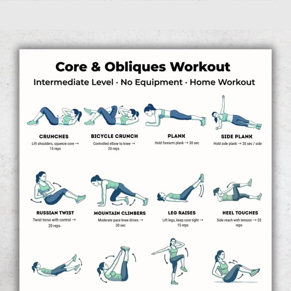 Core And Diagonal Training Intermediate Poster, Abdominal Muscle Training At Home, No Equipment Core Training Poster, Training Plan Poster poster