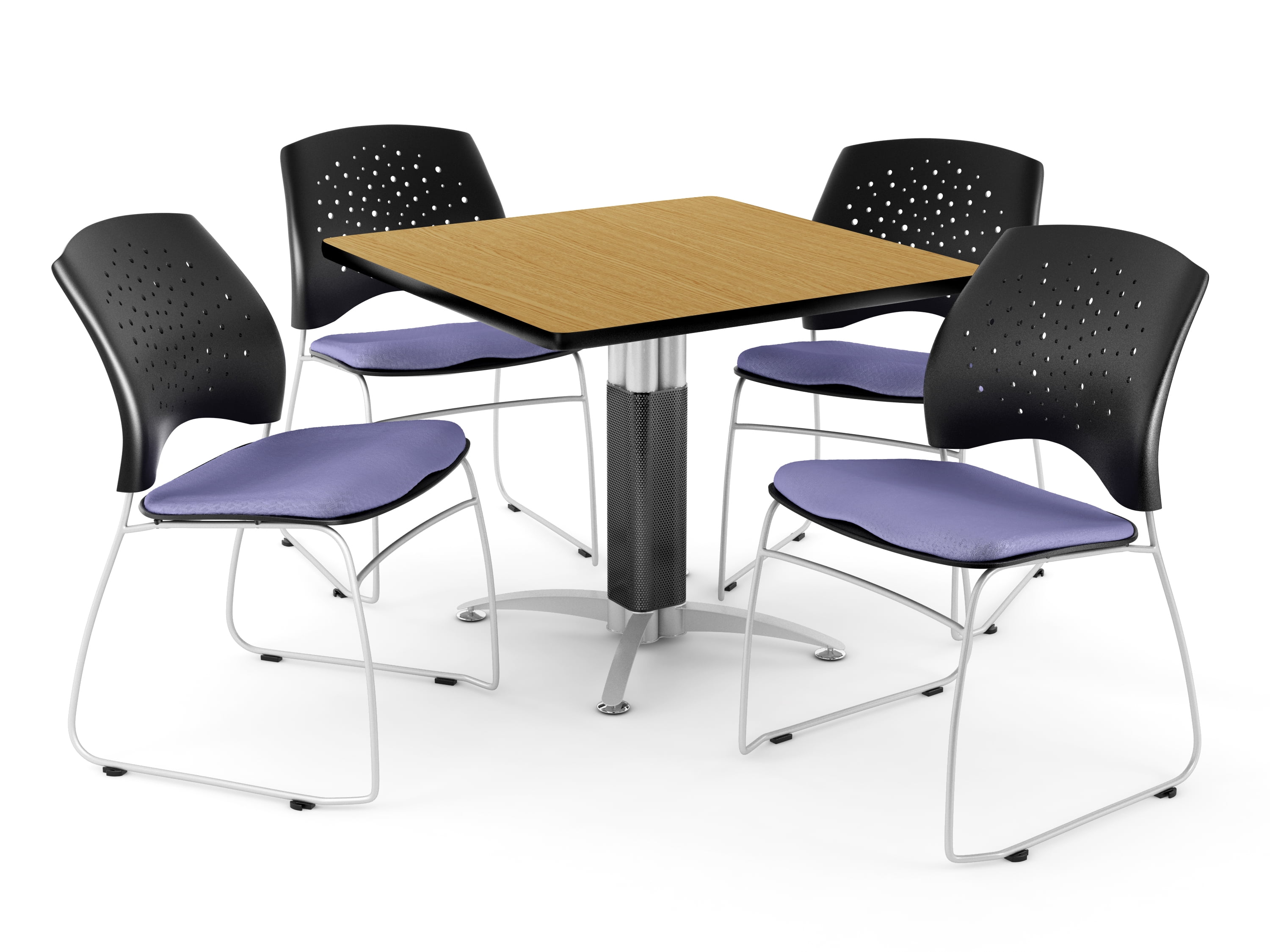 Core Collection Breakroom Bundle, 42" Square Metal Mesh Base Multi-purpose Table in Oak, 4 Stars Stacking Chairs in Lavender (PKG-BRK-018-0050)