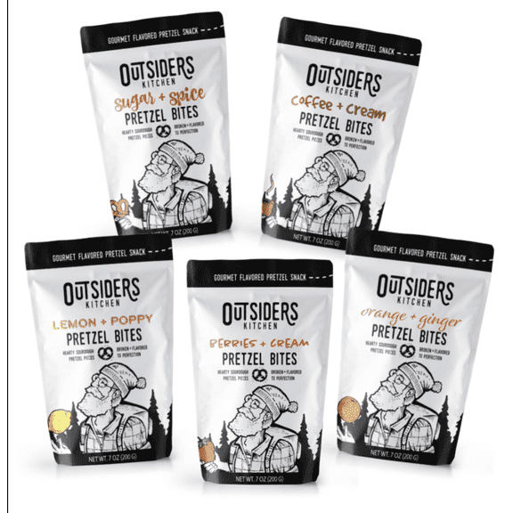 Core Flavors Pretzel Bites 5 Count Case: 1 Sugar + Spice, 1 Coffee + Cream, 1 Lemon + Poppy, 1 Berries + Cream, 1 Orange + Ginger