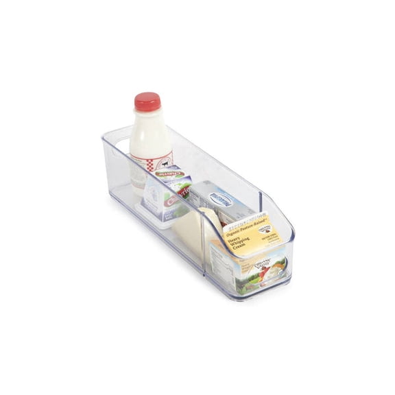 Core Home Clear Plastic Fridge Storage Bin, 4" x 14.5" Narrow Refrigerator and Freezer Organizer, Stackable Single-Piece Food and Drink Can Dispenser Tray