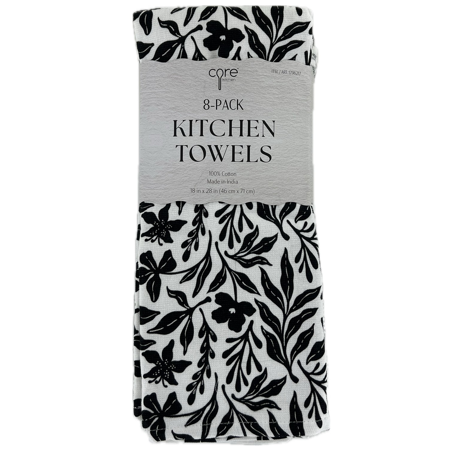 Core Kitchen 100% Cotton 18" x 28" Kitchen Towels, 8 Count (Black & White)