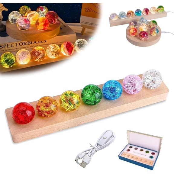 Core Memories Lamp, Starry Sky Glass Balls, 7 Unique Crystal Balls with Wooden LED Base & Gift Box, Decorative Night Light for Relaxation and Meditation, Best Gift for Friend (Wood A)