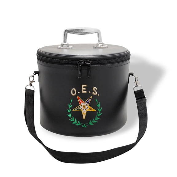 Core Plus Group Hand Embroidery Green Wreath & OCS Star With Rhinestone Letters Fez Case, Deluxe Masonic Fez Cap Case with Strap, Imitation Leather, Display Box for Masonic & Eastern Star Fez Hats