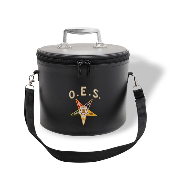 Core Plus Group Hand Embroidery O.E.S Star with Curved Rhinestone Letters Fez Case, Deluxe Masonic Fez Cap Case with Strap, Imitation Leather, Display Box for Masonic & Eastern Star Fez Hats