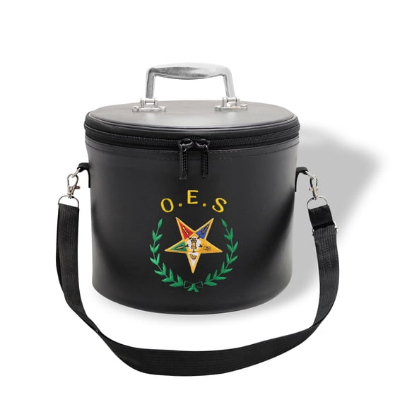 Core Plus Group Mahcine Embroidery Curved Gold OES Letters, Star and Green Wreath, Deluxe Masonic Fez Cap Case with Strap, Imitation Leather, Display Box for Masonic & Eastern Star Fez Hats