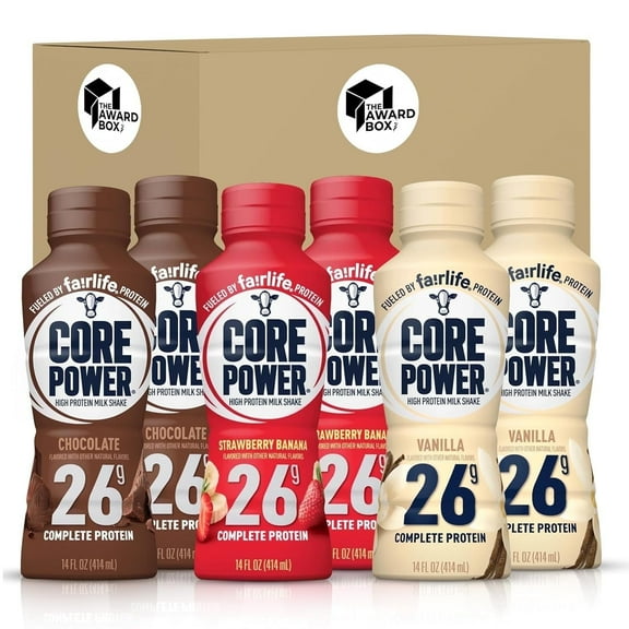 Core Power Elite Failrlife High Protein Shakes 26 Grams 14 Oz. in The Award Box Packaging Chocolate Vanilla Strawberry, 6 Bottesl