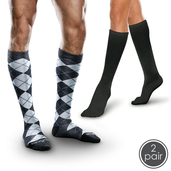 Core-Spun Mild Support Compression Socks - 2 Pack, 15-20mmHg Compression, Black/Slate Argyle, Small