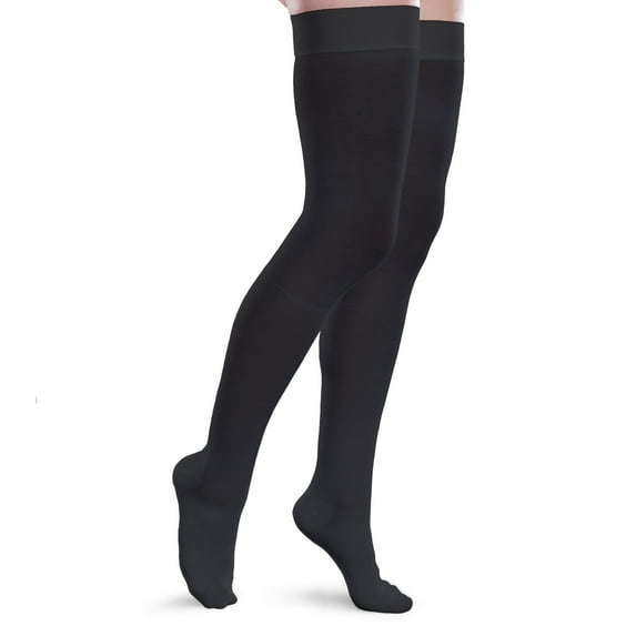 Core-Spun Mild Support Thigh High Compression Socks, 15-20mmHg Compression, Black, Large Short