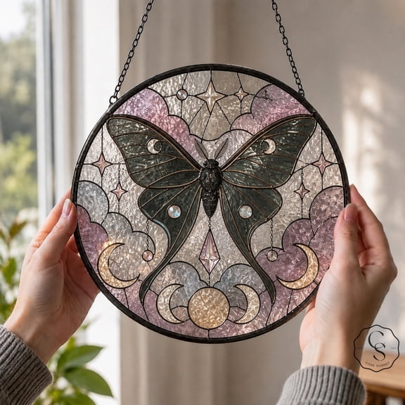 Glass Window Hanging Celestial Moth Glass Sun Catcher for Halloween Gothic Decor