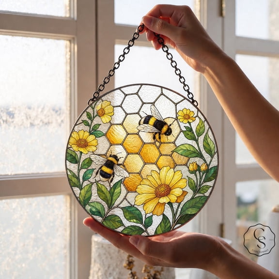 Core Summit Glass Window Hanging Bee and Honeycomb Decor