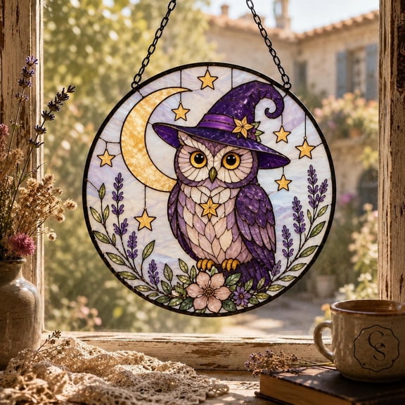 Core Summit Whimsical Glass Window Hanging Halloween Owl Witch