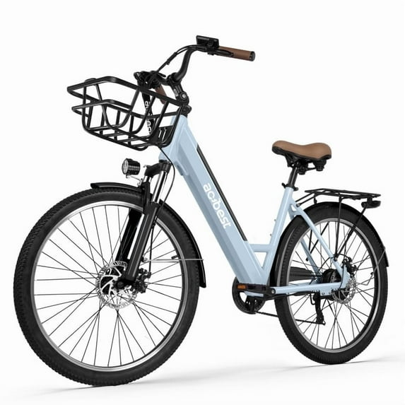 Core-Swept Step Thru Electric Bike for Adults, Peak 749W Brushless Motor Ebike,26 inch Electric Bicycle, 7 Speed E-Bikes (Blue) with Front Basket