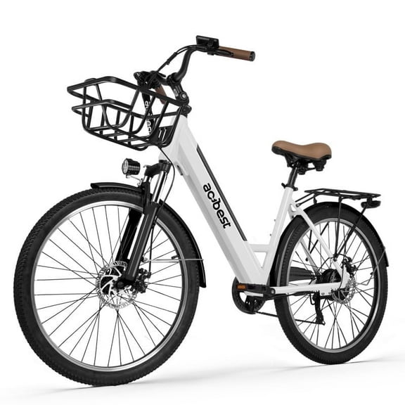 Core-Swept Step Thru Electric Bike for Adults, Peak 749W Brushless Motor Ebike,26 inch Electric Bicycle, 7 Speed E-Bikes(White) with Front Basket