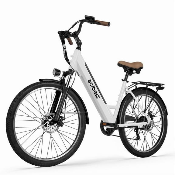 Core-Swept Step Thru Electric Bike for Adults, Peak 749W Brushless Motor Ebike,26 inch Electric Bicycle, 7 Speed E-Bikes White