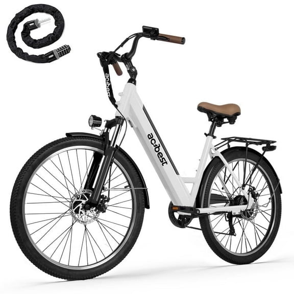 Core-Swept Step Thru Electric Bike for Adults, Peak 749W Brushless Motor Ebike,26 inch Electric Bicycle, 7 Speed E-Bikes(White) with Lock