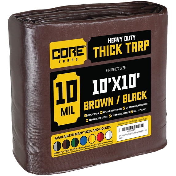 Core Tarps 10 Mil Heavy Duty Tarp Tarpaulin Waterproof Cover, Brown and Black 10 x 10Ft