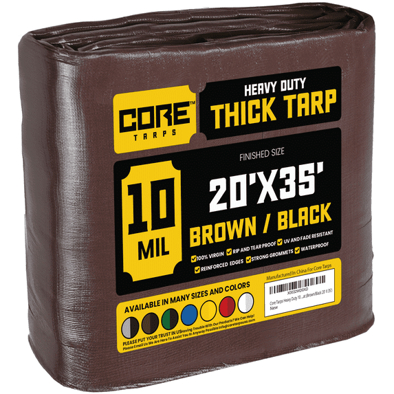 Core Tarps 10 Mil Heavy Duty Tarp Tarpaulin Waterproof Cover, Brown and Black 20 x 35Ft