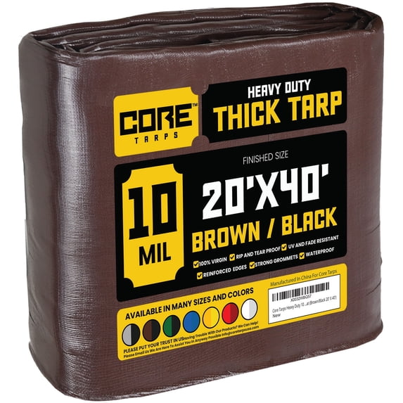 Core Tarps 10 Mil Heavy Duty Tarp Tarpaulin Waterproof Cover, Brown and Black 20 x 40Ft