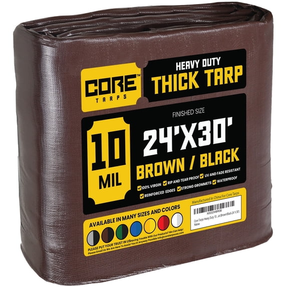 Core Tarps 10 Mil Heavy Duty Tarp Tarpaulin Waterproof Cover, Brown and Black 24 x 30Ft