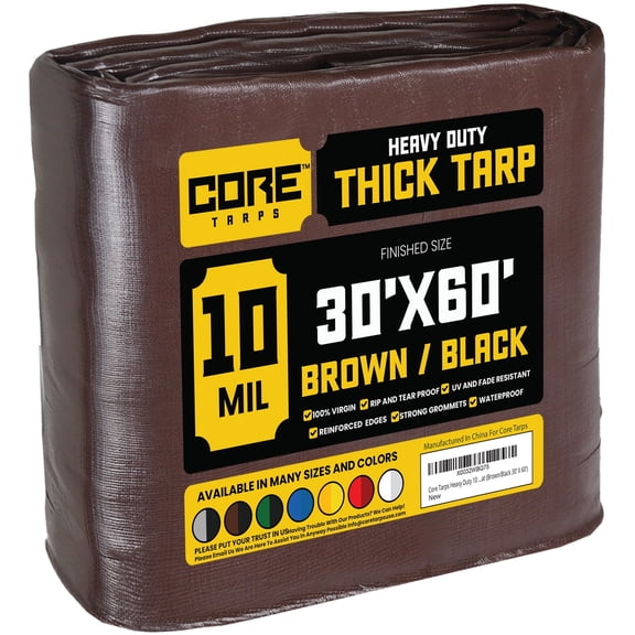 Core Tarps 10 Mil Heavy Duty Tarp Tarpaulin Waterproof Cover, Brown and Black 30 x 60Ft