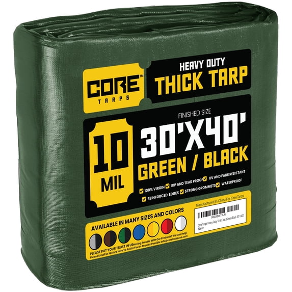 Core Tarps 10 Mil Heavy Duty Tarp Tarpaulin Waterproof Cover, Green and Black 30 x 40Ft