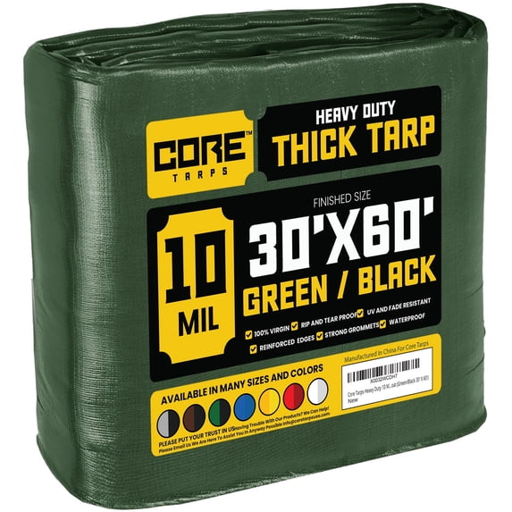 Core Tarps 10 Mil Heavy Duty Tarp Tarpaulin Waterproof Cover, Green and Black 30 x 60Ft