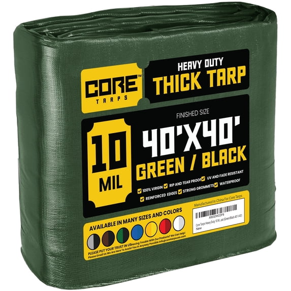 Core Tarps 10 Mil Heavy Duty Tarp Tarpaulin Waterproof Cover, Green and Black 40 x 40Ft
