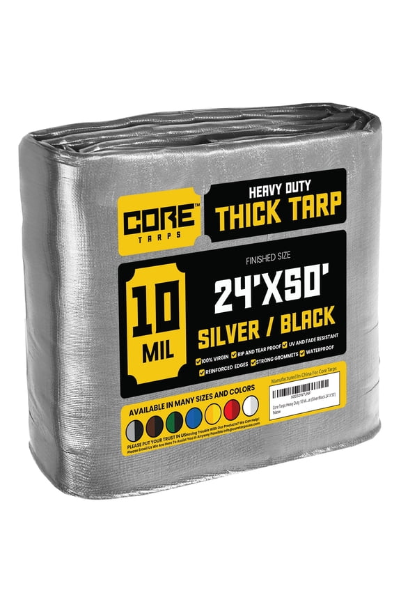 10 Mil Heavy Duty Tarp Tarpaulin Waterproof Cover, Silver and Black 24 x 50Ft