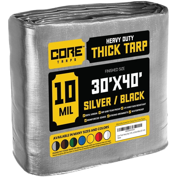 Core Tarps 10 Mil Heavy Duty Tarp Tarpaulin Waterproof Cover, Silver and Black 30 x 40Ft